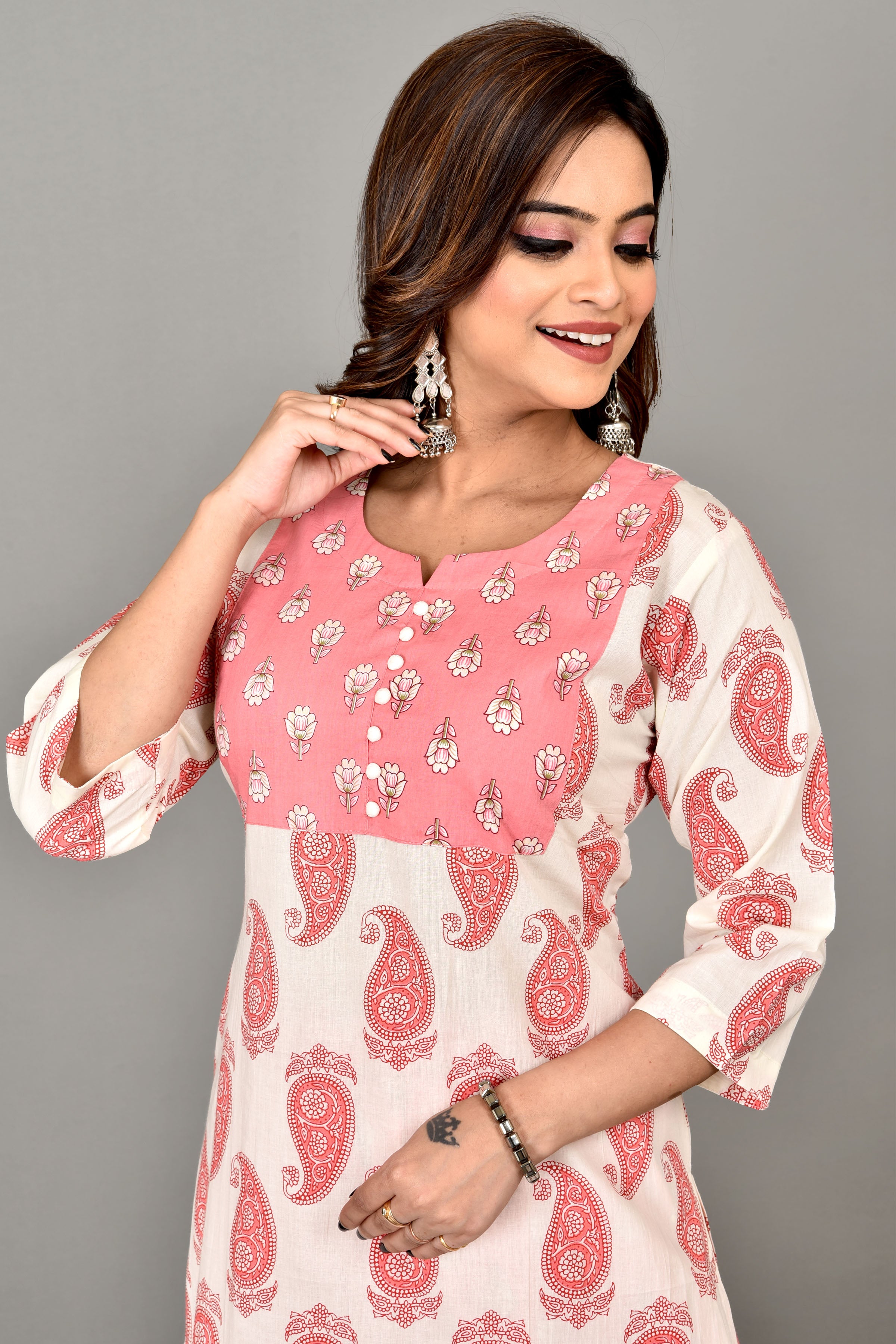 White & Pink Paisley Print Kurta With Pant