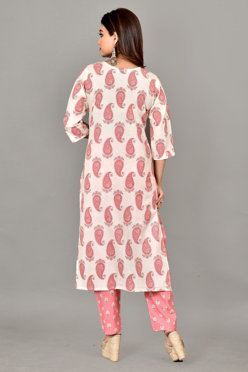 White & Pink Paisley Print Kurta With Pant