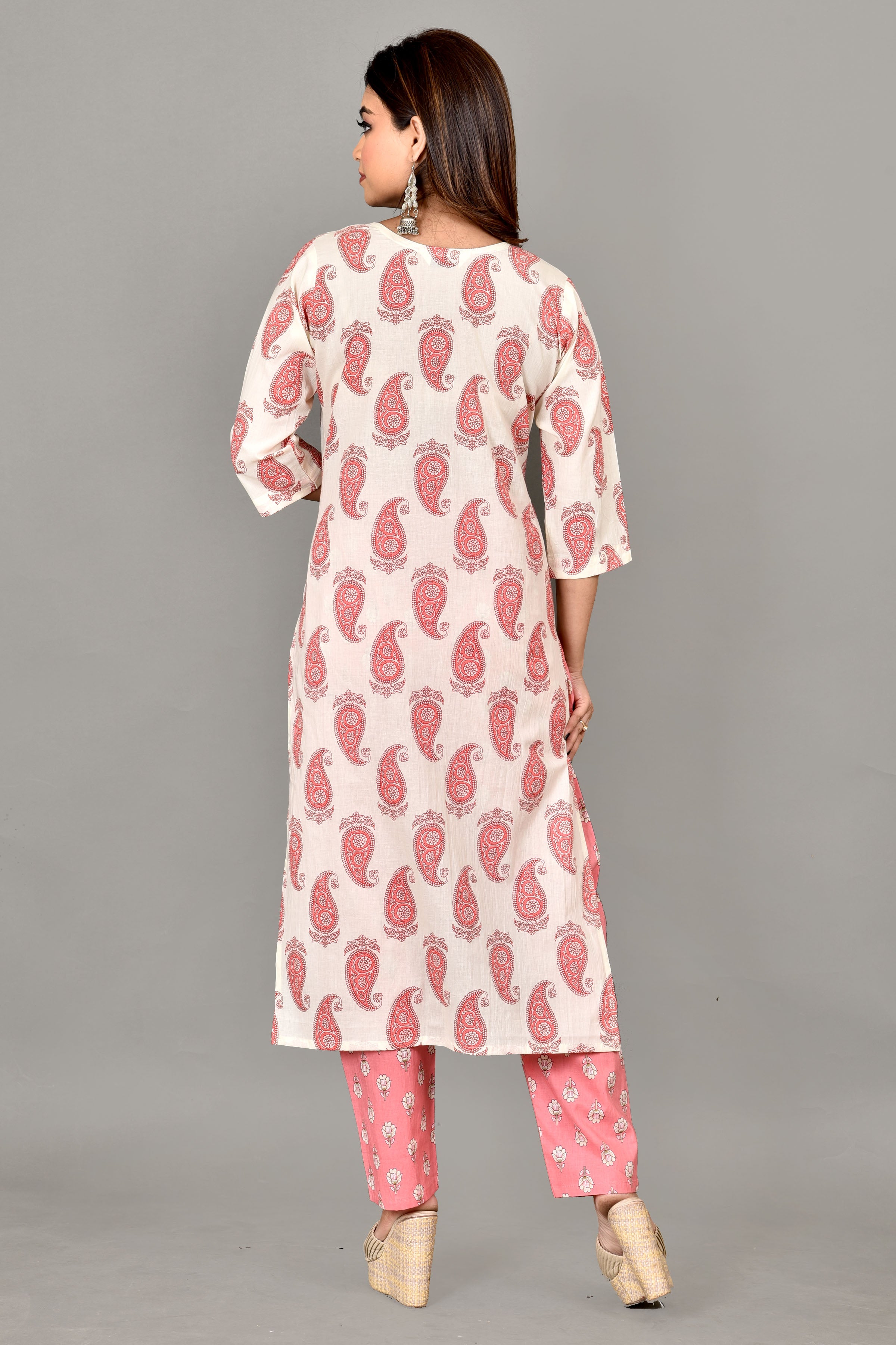 White & Pink Paisley Print Kurta With Pant