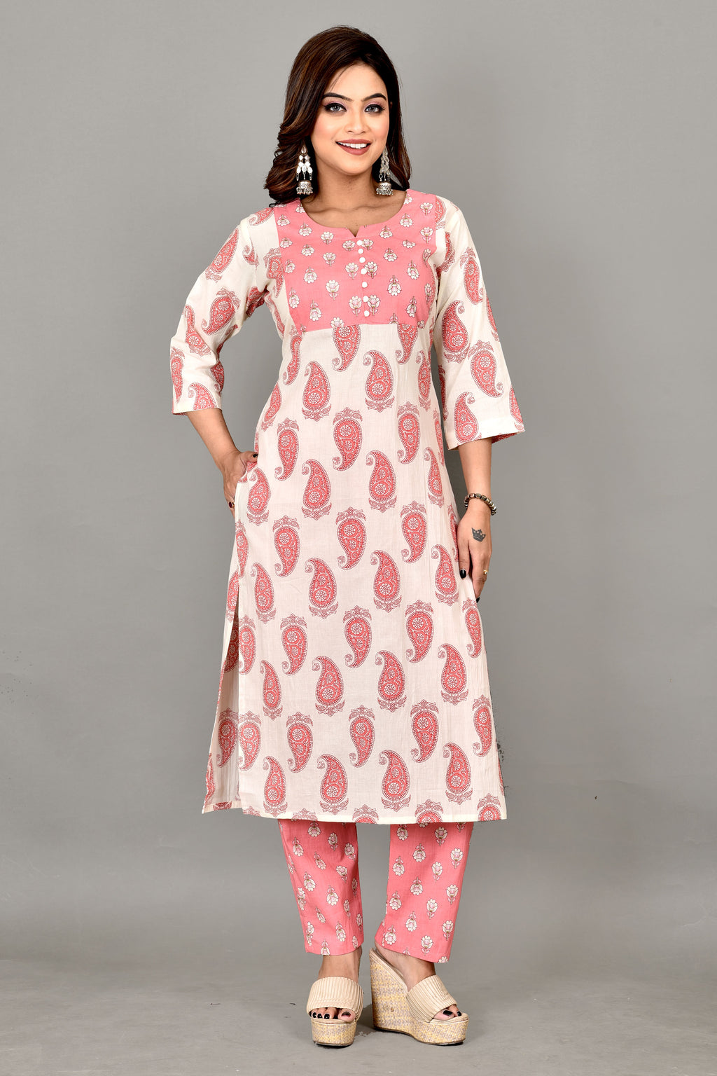 White & Pink Paisley Print Kurta With Pant