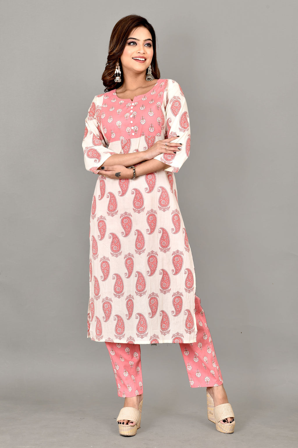 White & Pink Paisley Print Kurta With Pant