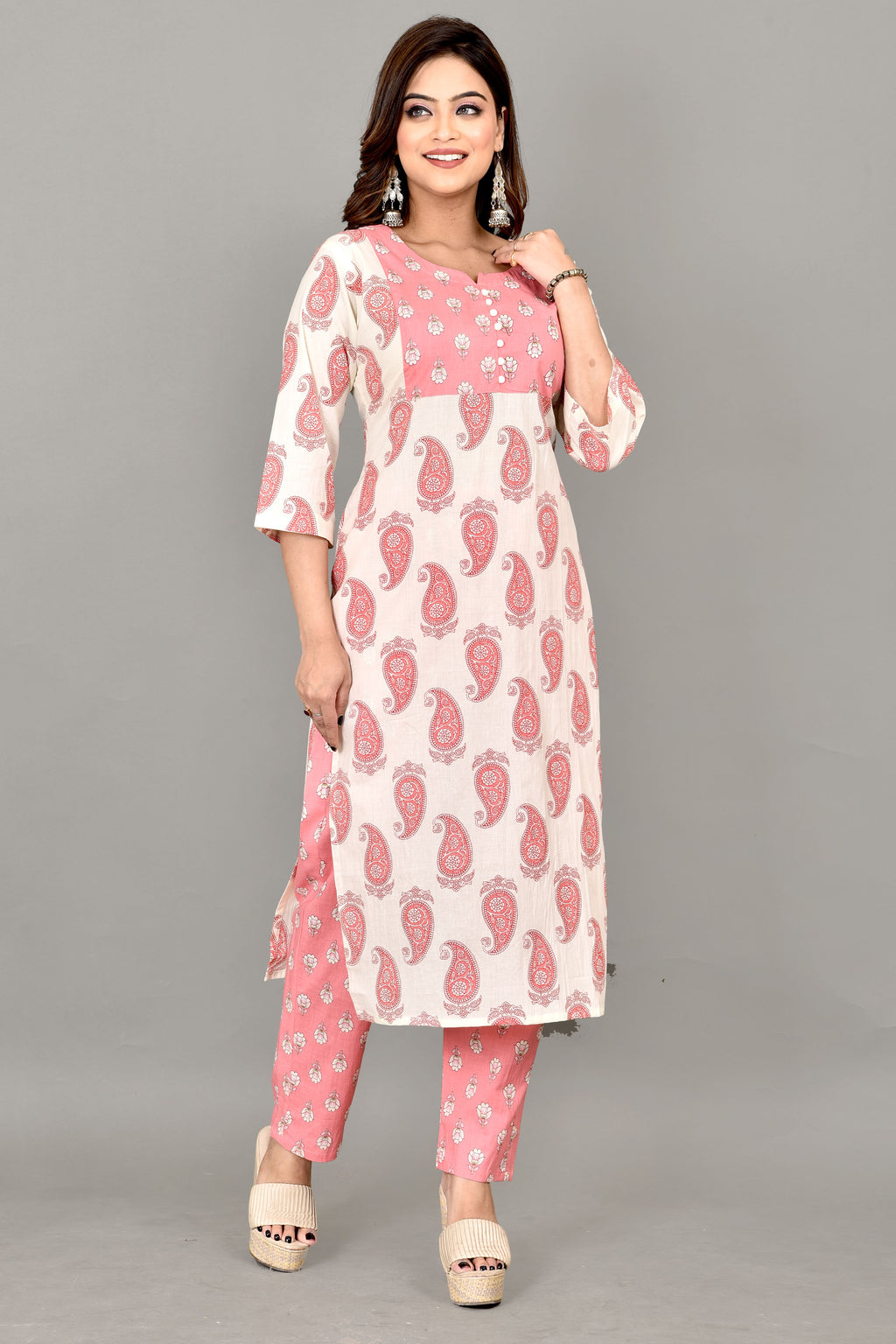 White & Pink Paisley Print Kurta With Pant