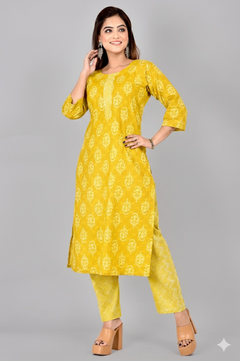 Mustard Yellow Floral Print Kurta With Pant