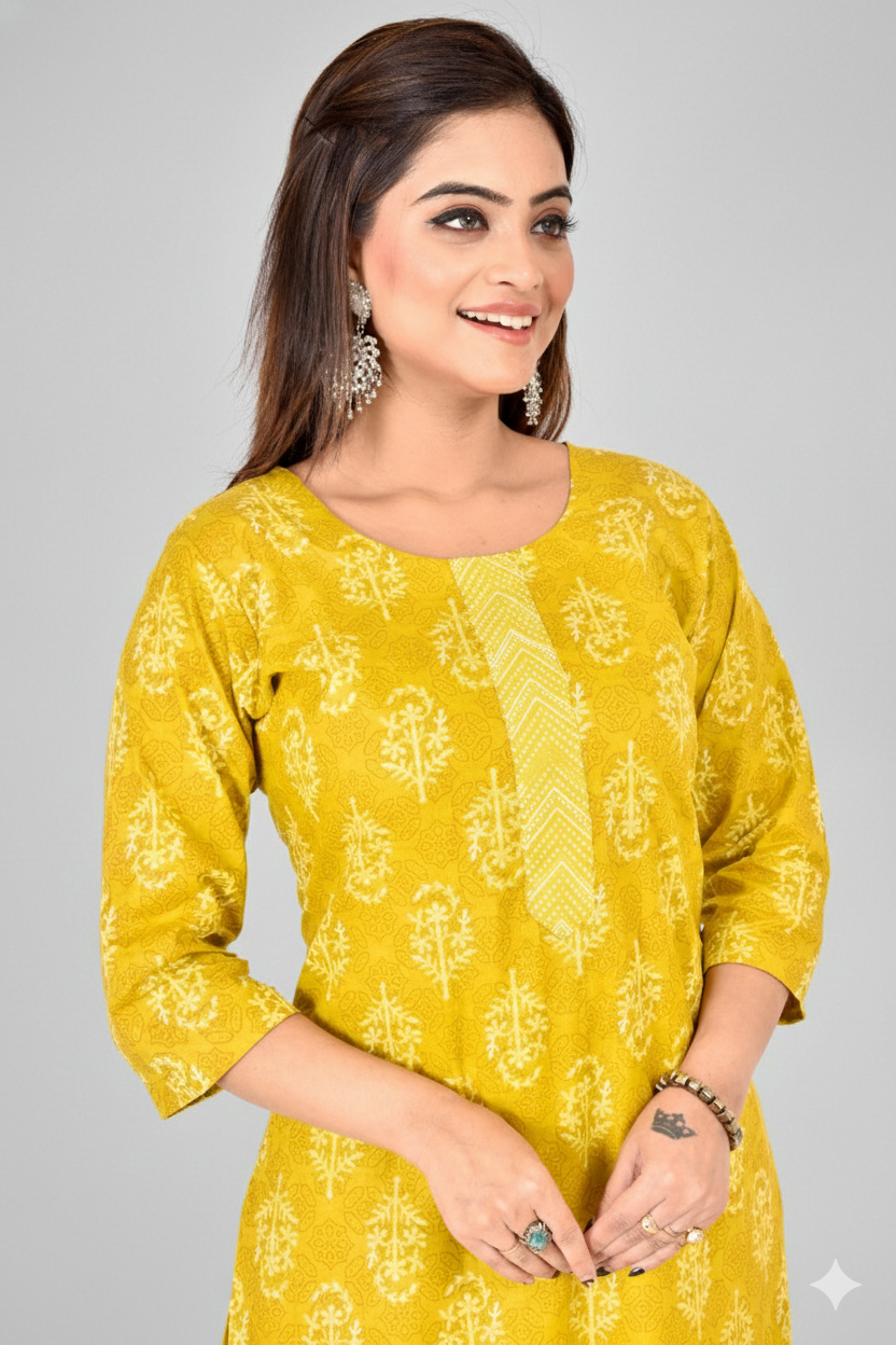 Mustard Yellow Floral Print Kurta With Pant