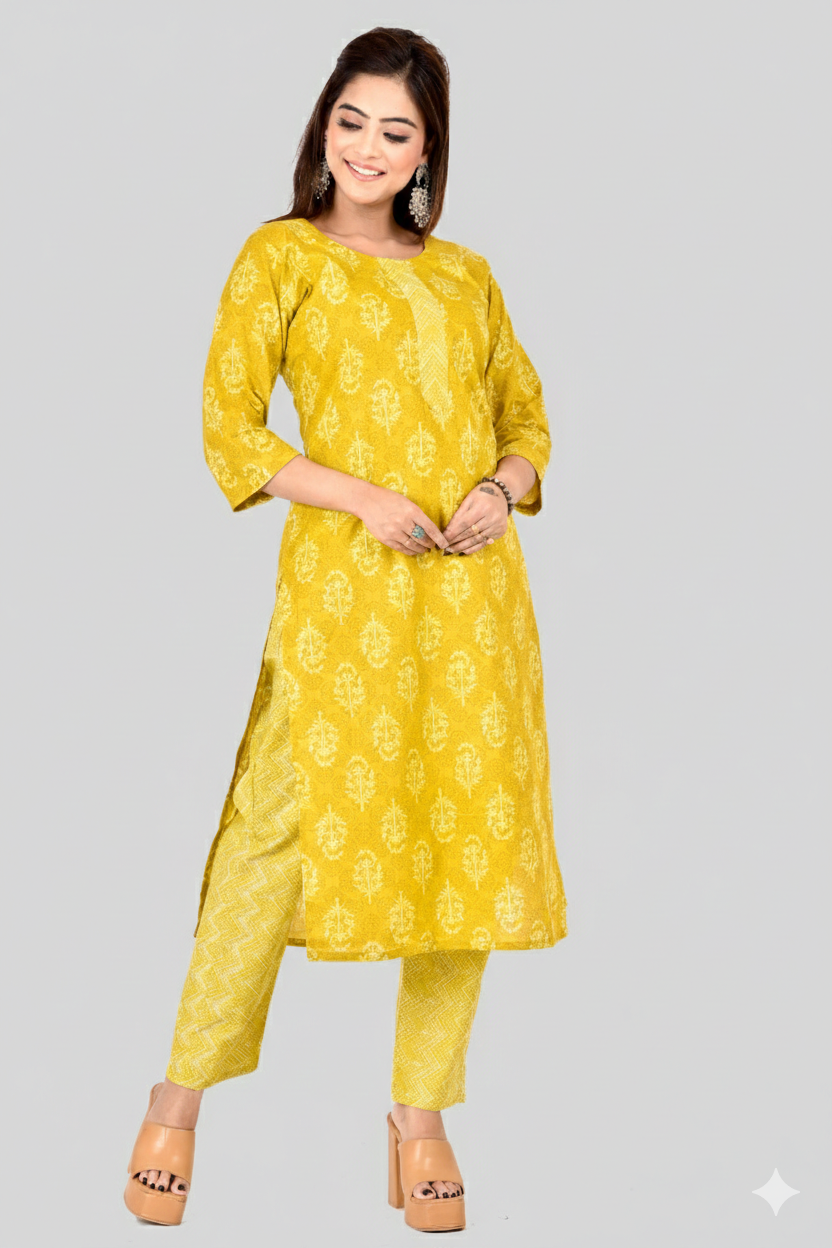 Mustard Yellow Floral Print Kurta With Pant