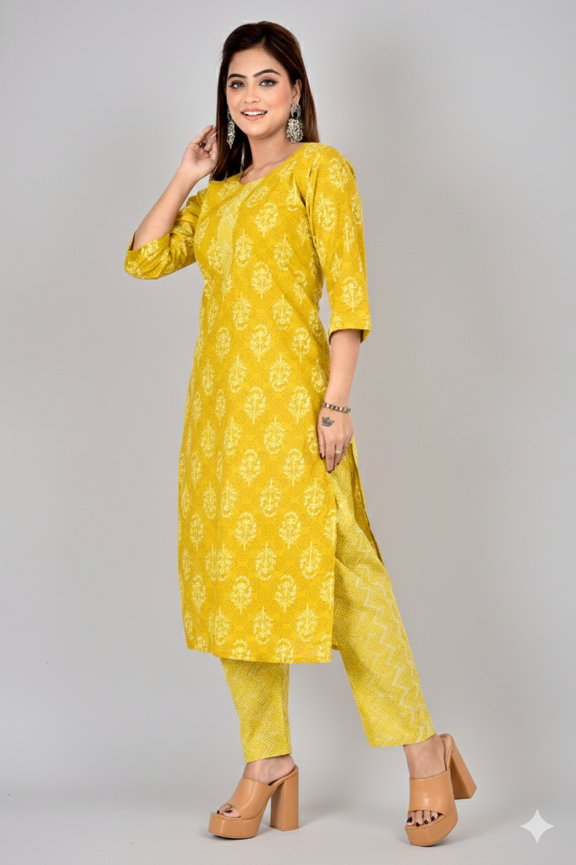 Mustard Yellow Floral Print Kurta With Pant