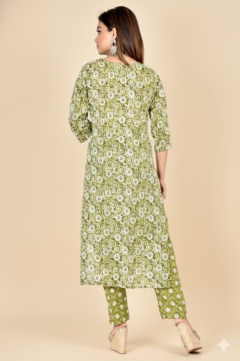 Green Floral Print Threadwork Kurta With Pant