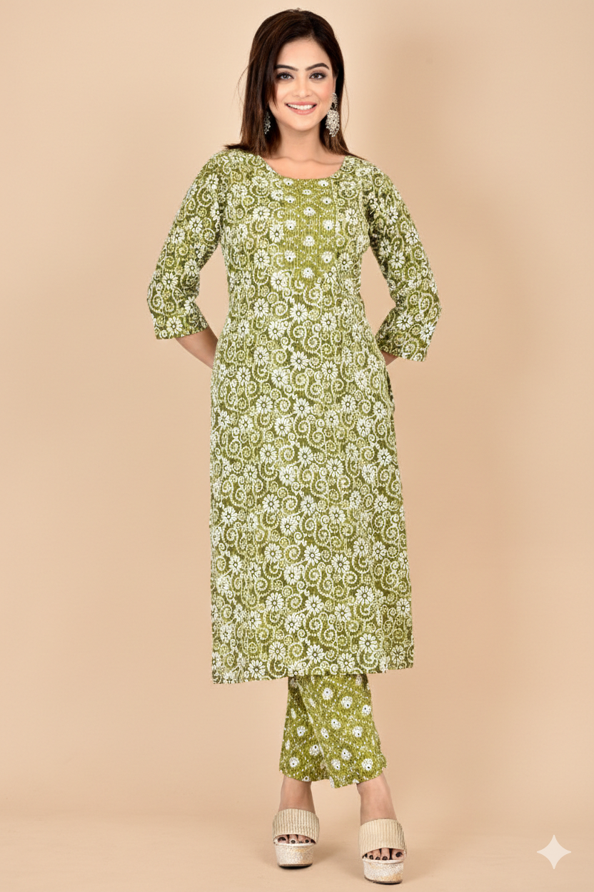 Green Floral Print Threadwork Kurta With Pant