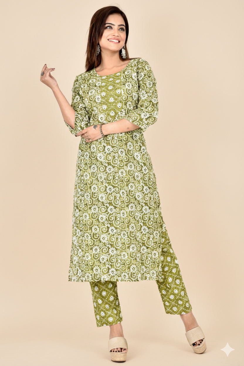 Green Floral Print Threadwork Kurta With Pant