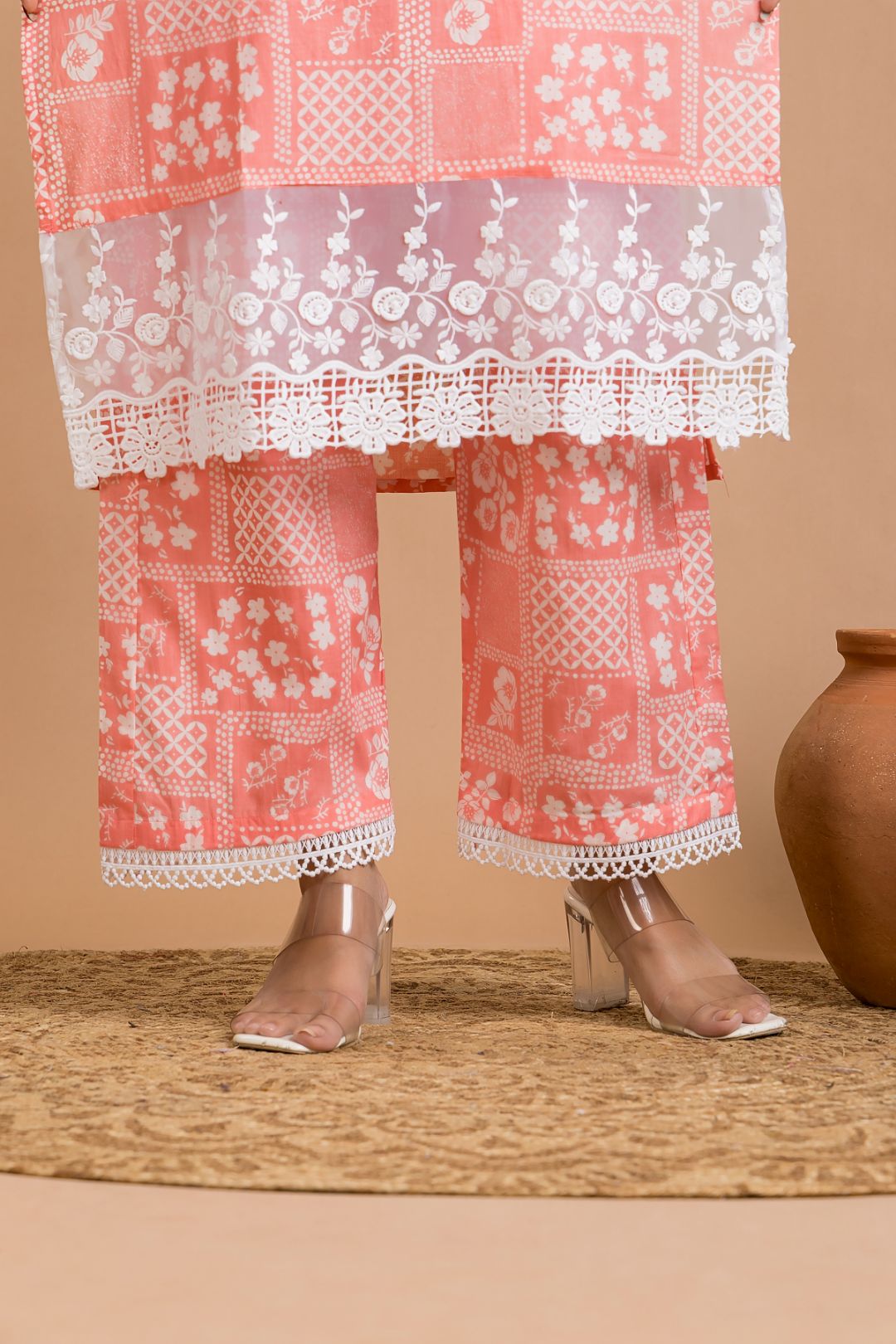 Salmon Pink Floral Print Wide Lace Kurta With Pant