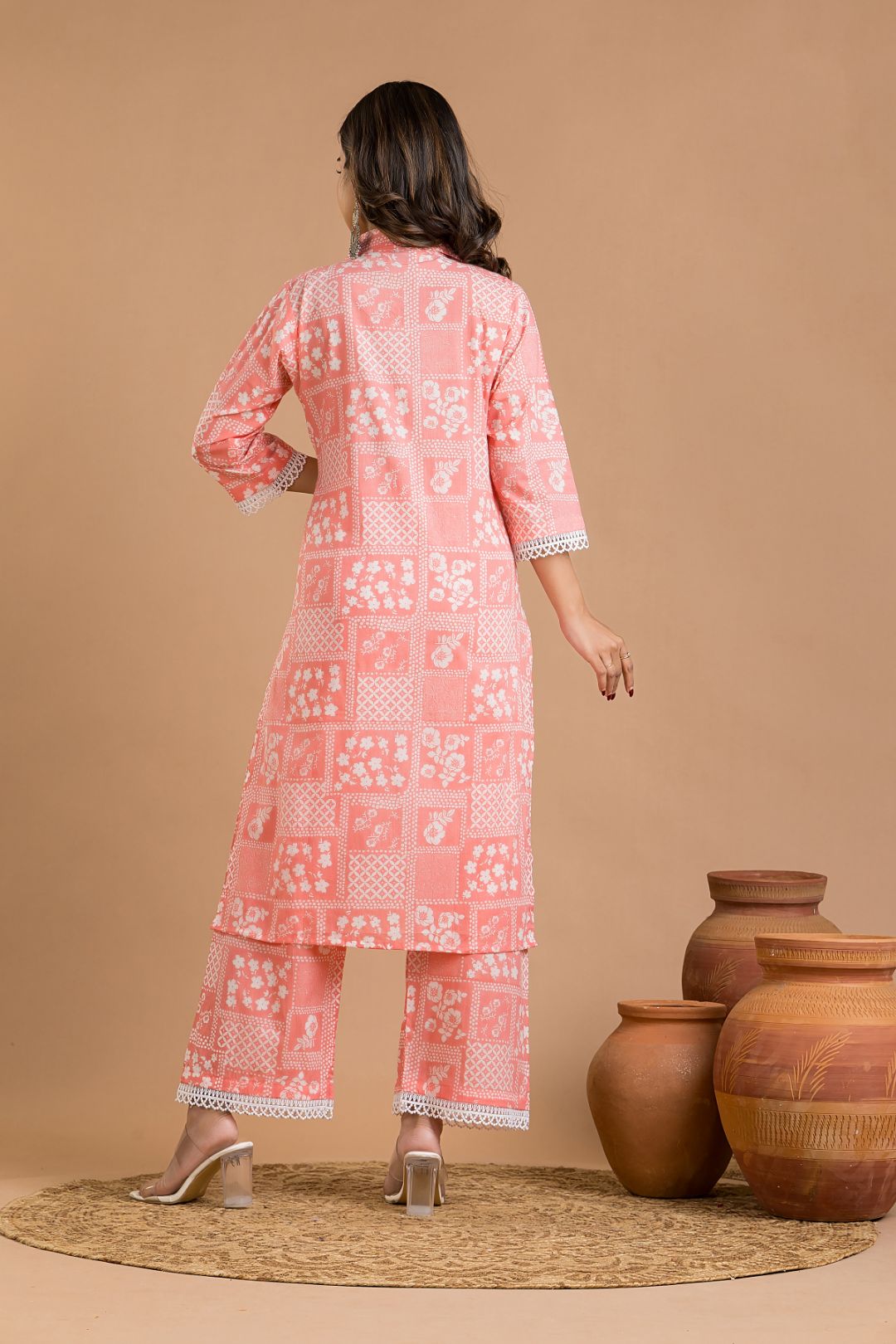 Salmon Pink Floral Print Wide Lace Kurta With Pant