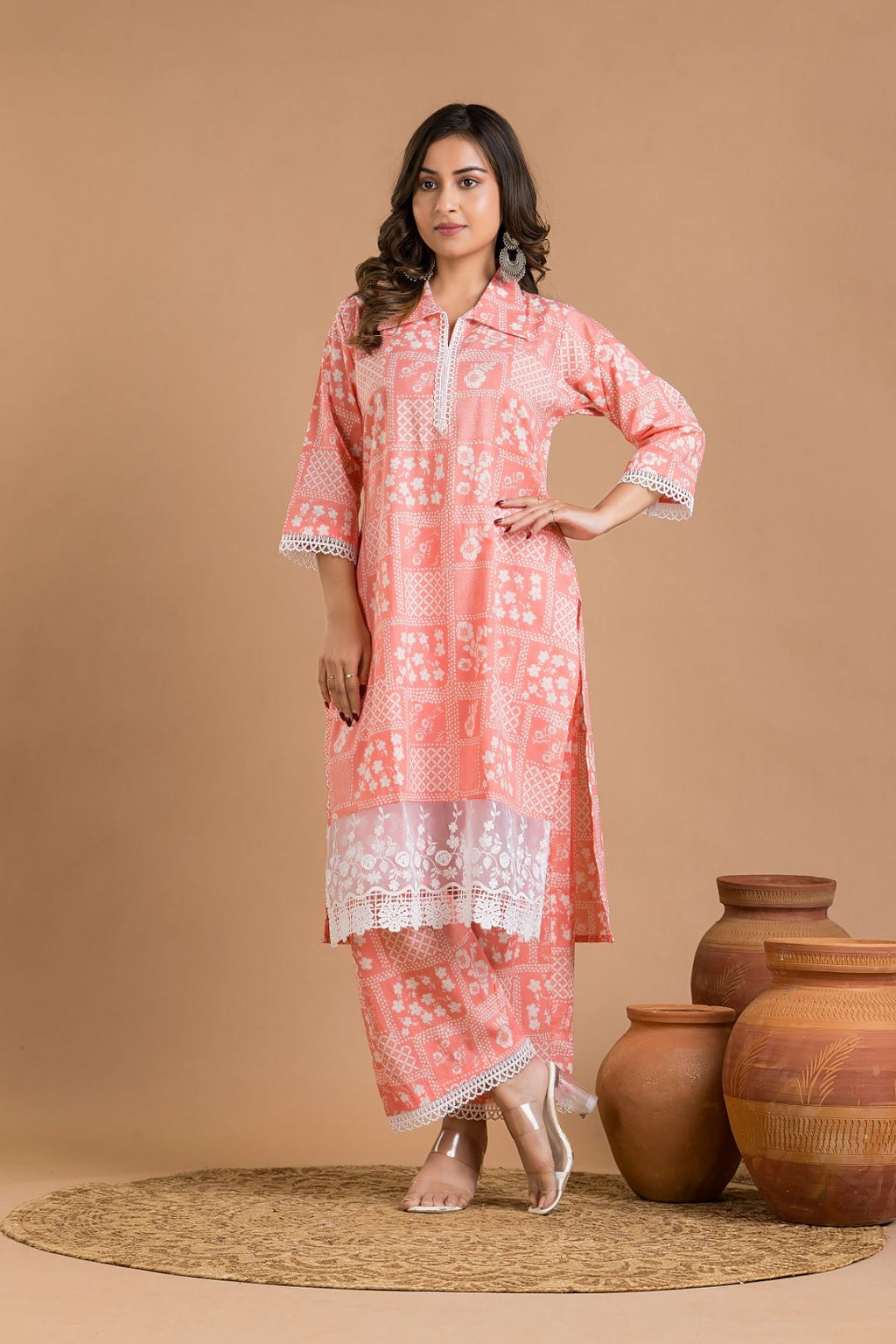 Salmon Pink Floral Print Wide Lace Kurta With Pant
