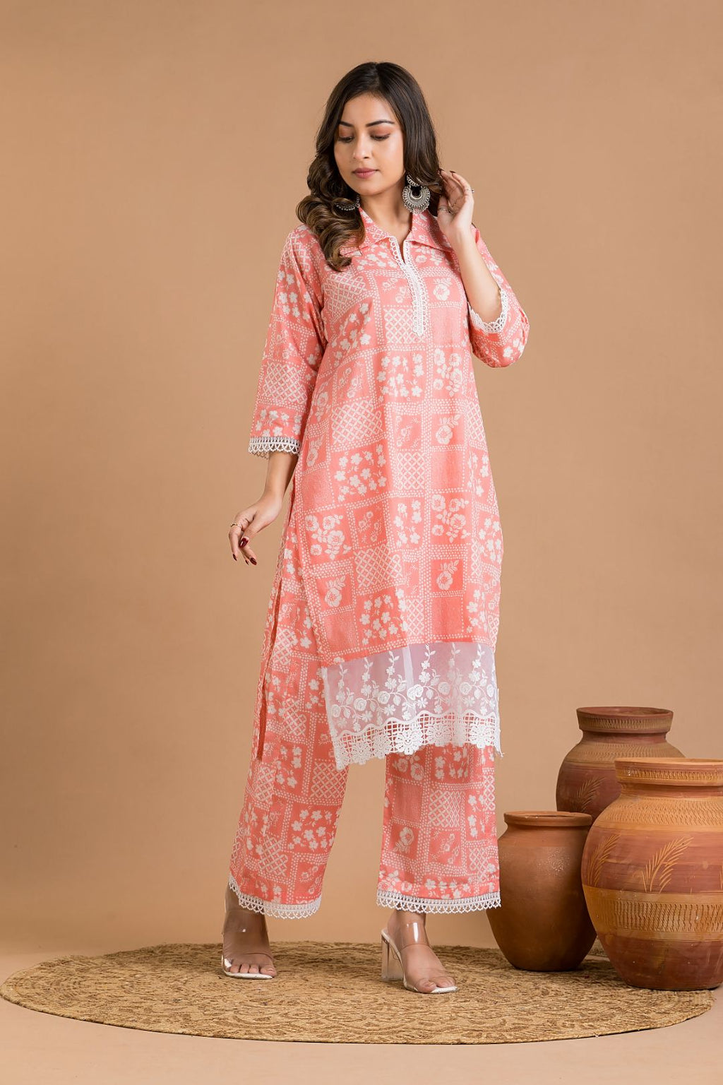 Salmon Pink Floral Print Wide Lace Kurta With Pant