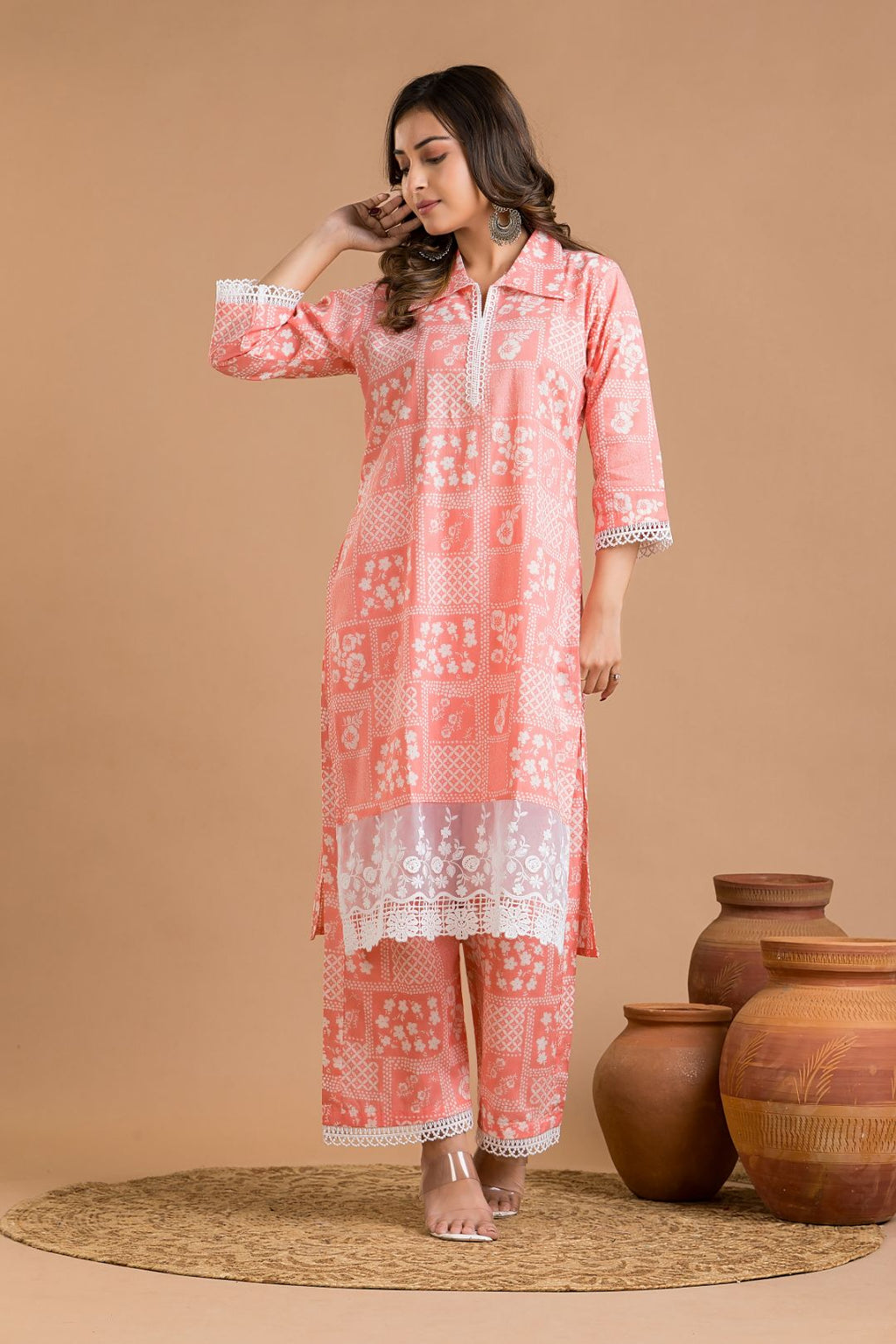 Salmon Pink Floral Print Wide Lace Kurta With Pant