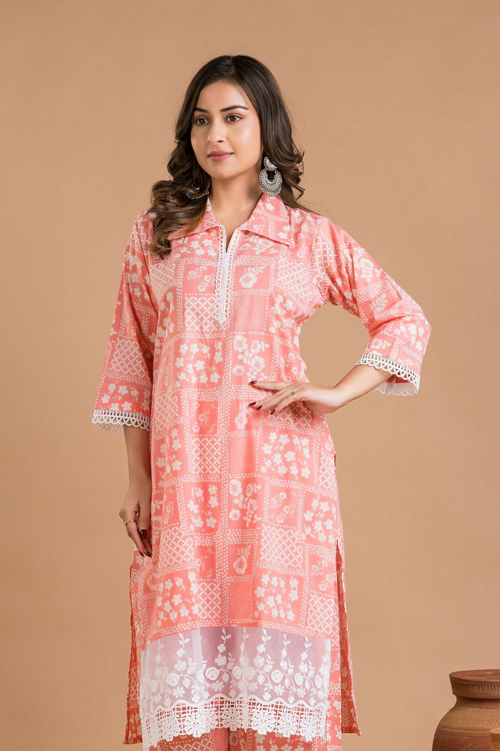Salmon Pink Floral Print Wide Lace Kurta With Pant