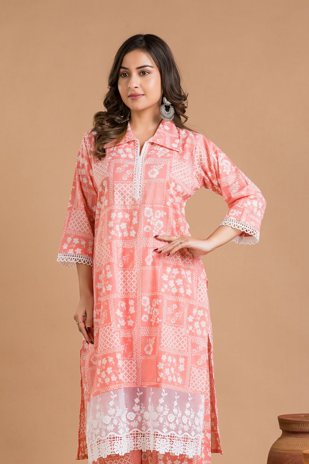 Salmon Pink Floral Print Wide Lace Kurta With Pant
