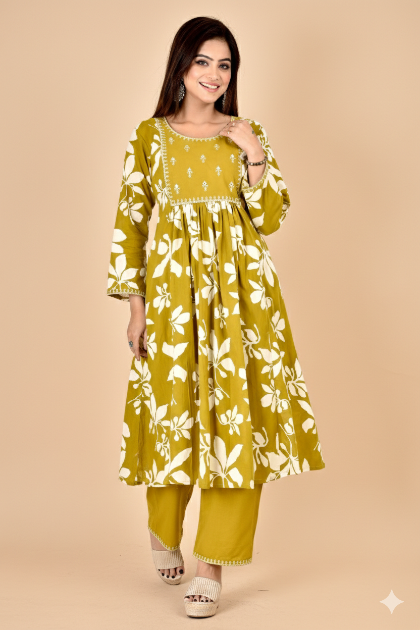 Mehendi Green Floral Embroidered A-Line Kurta With Pant