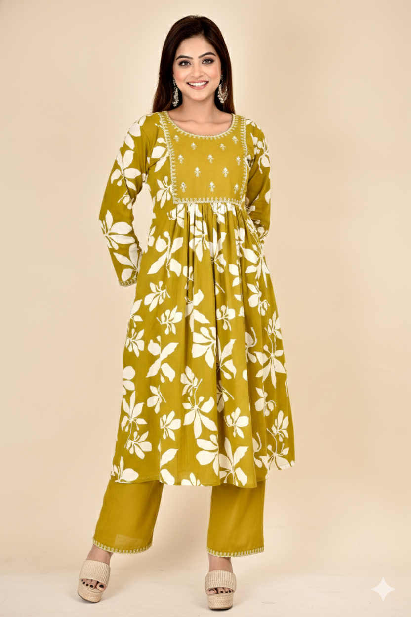 Mehendi Green Floral Embroidered A-Line Kurta With Pant