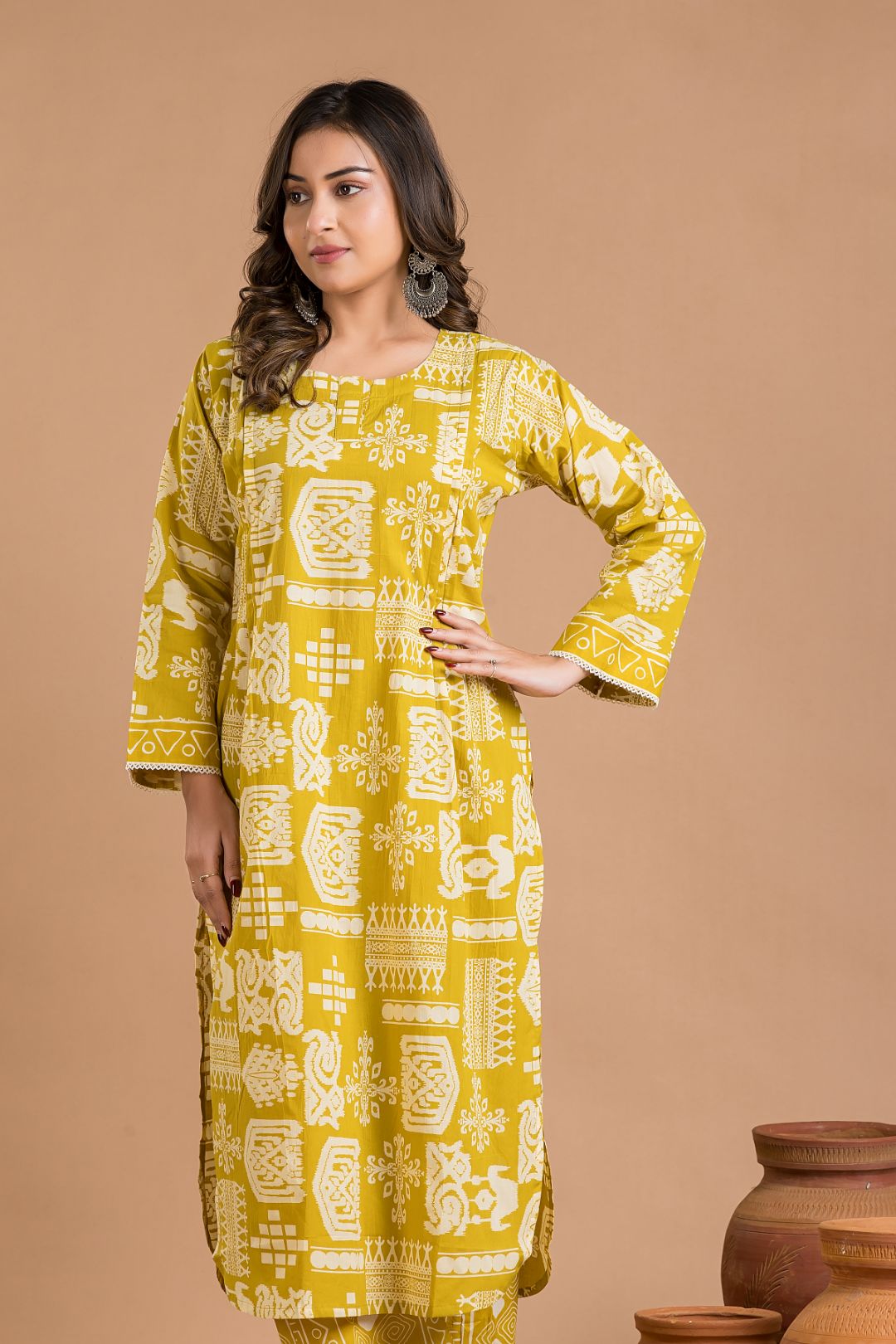 Olive Yellow Tribal Print Kurta With Pant