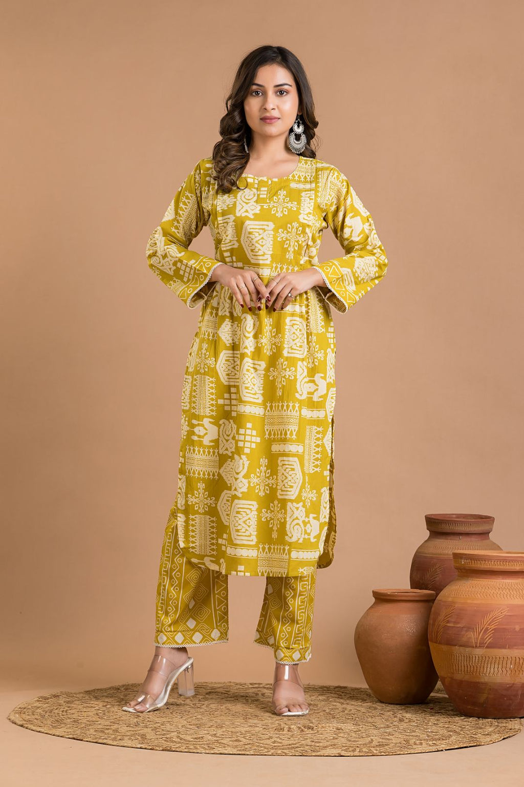 Olive Yellow Tribal Print Kurta With Pant