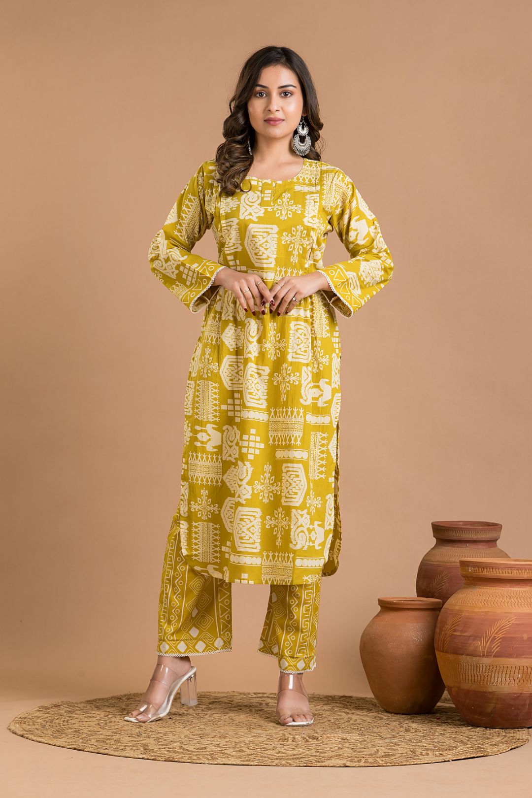 Olive Yellow Tribal Print Kurta With Pant
