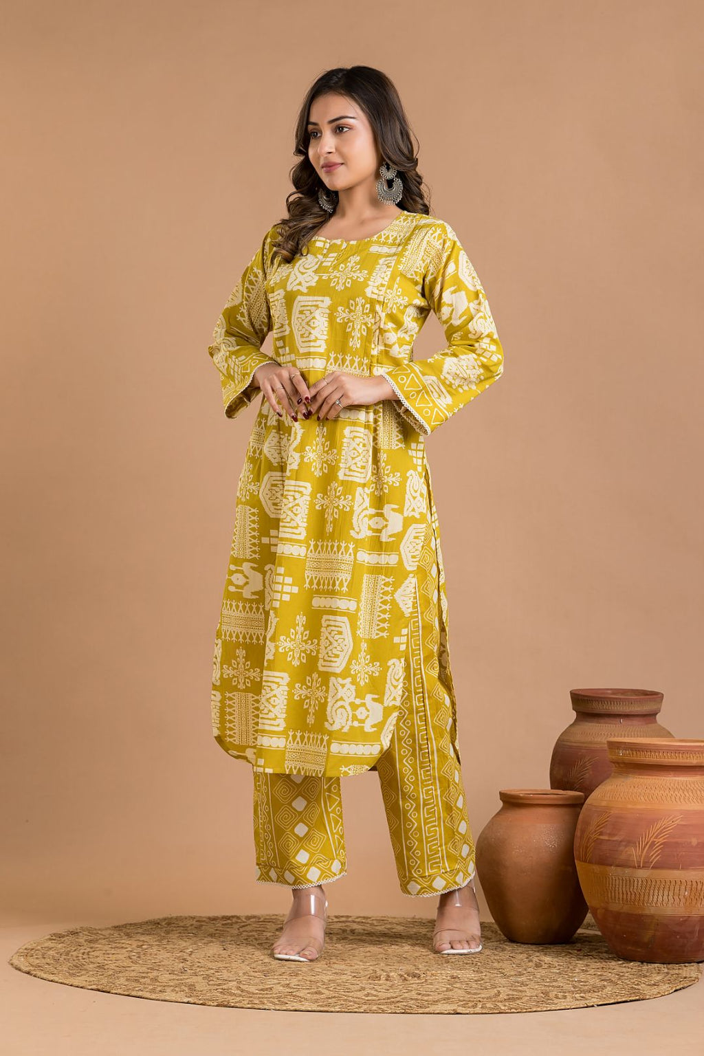Olive Yellow Tribal Print Kurta With Pant