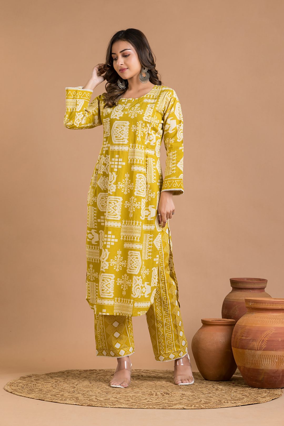 Olive Yellow Tribal Print Kurta With Pant