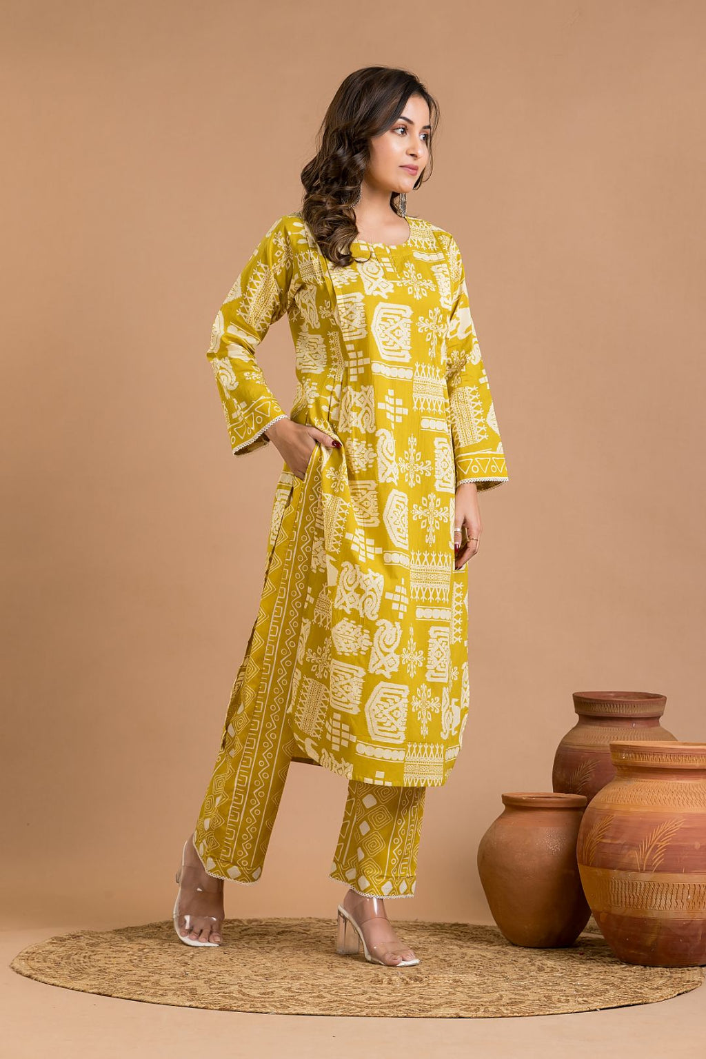 Olive Yellow Tribal Print Kurta With Pant