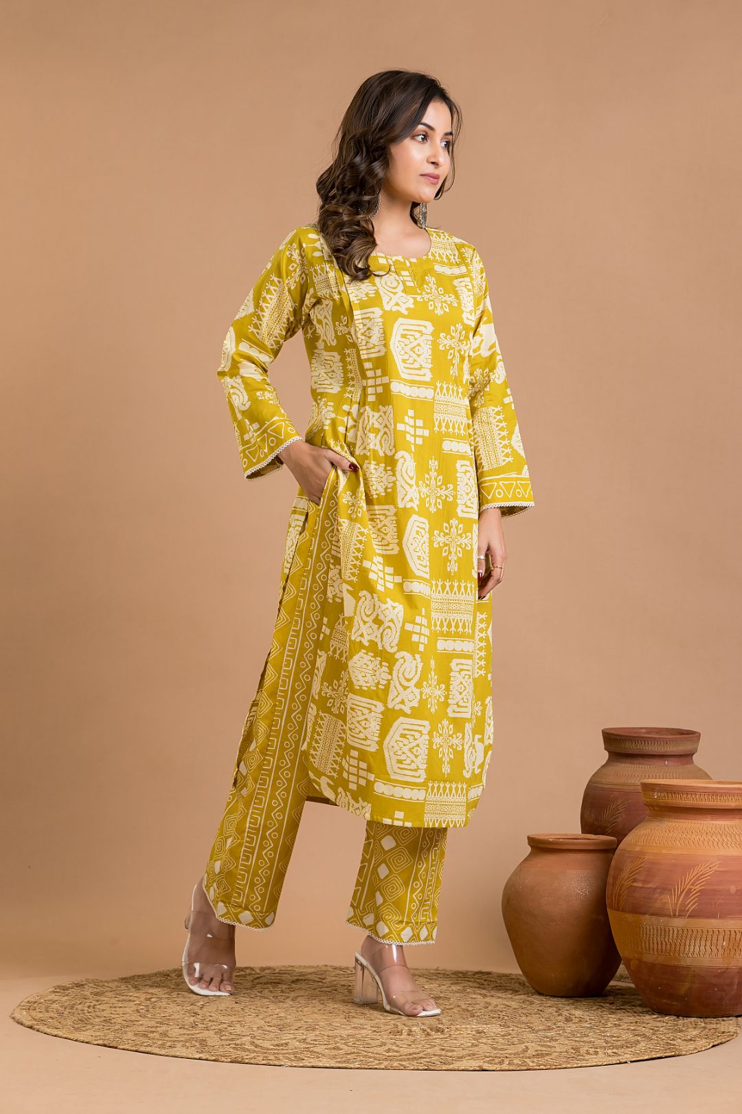 Olive Yellow Tribal Print Kurta With Pant