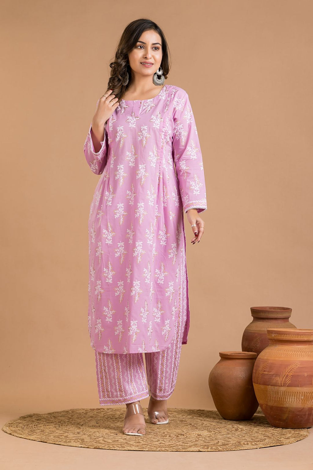 Lavender Rose Floral Print Kurta With Pant