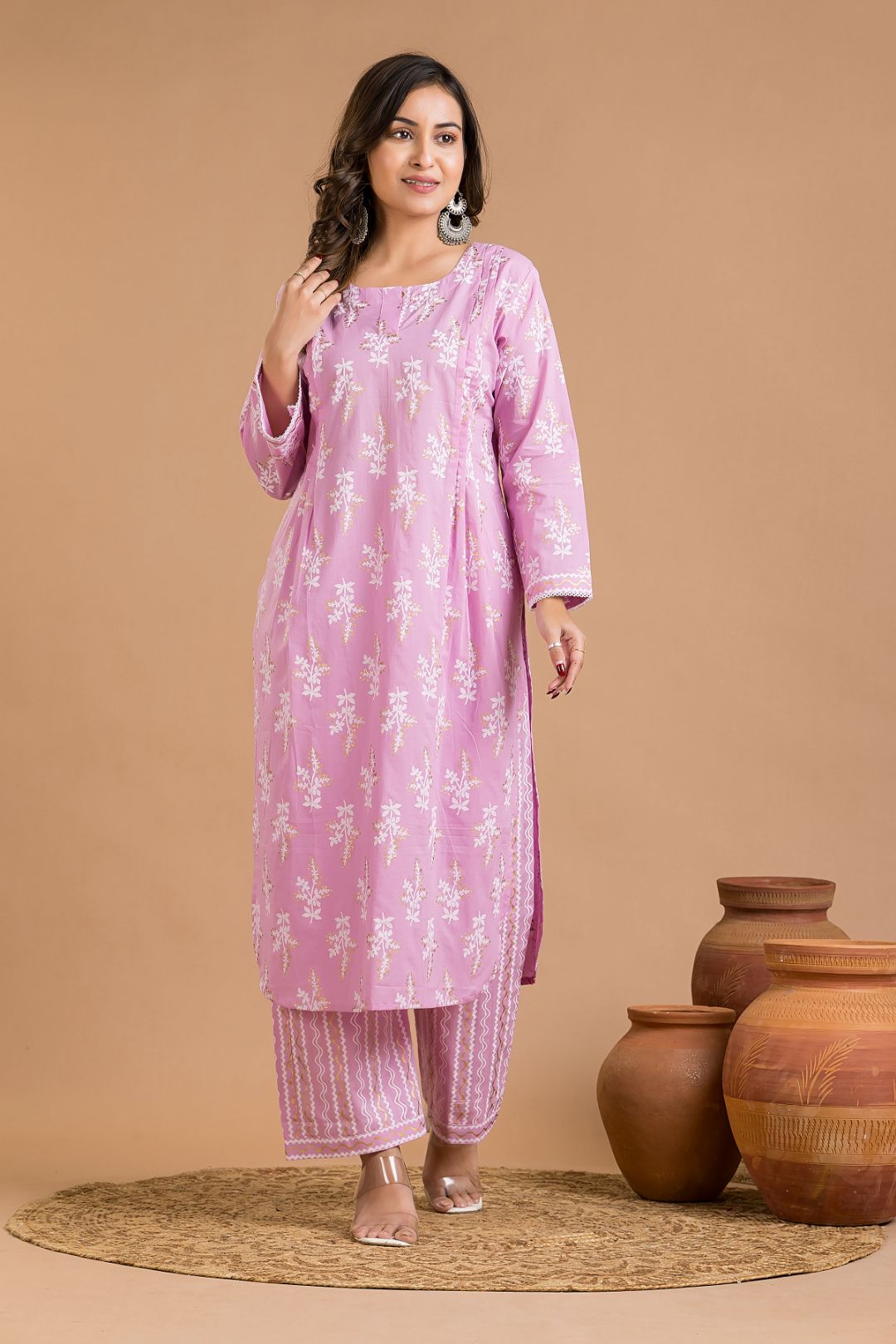 Lavender Rose Floral Print Kurta With Pant