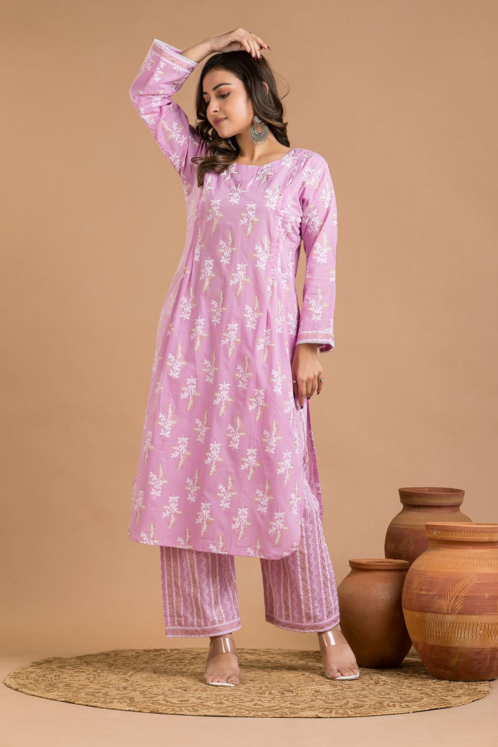 Lavender Rose Floral Print Kurta With Pant