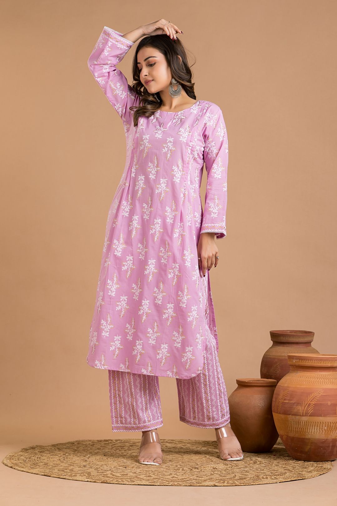 Lavender Rose Floral Print Kurta With Pant