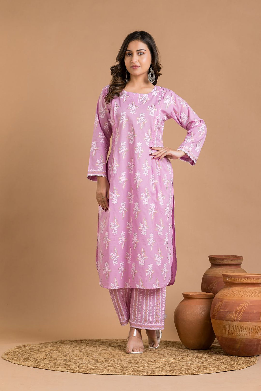 Lavender Rose Floral Print Kurta With Pant