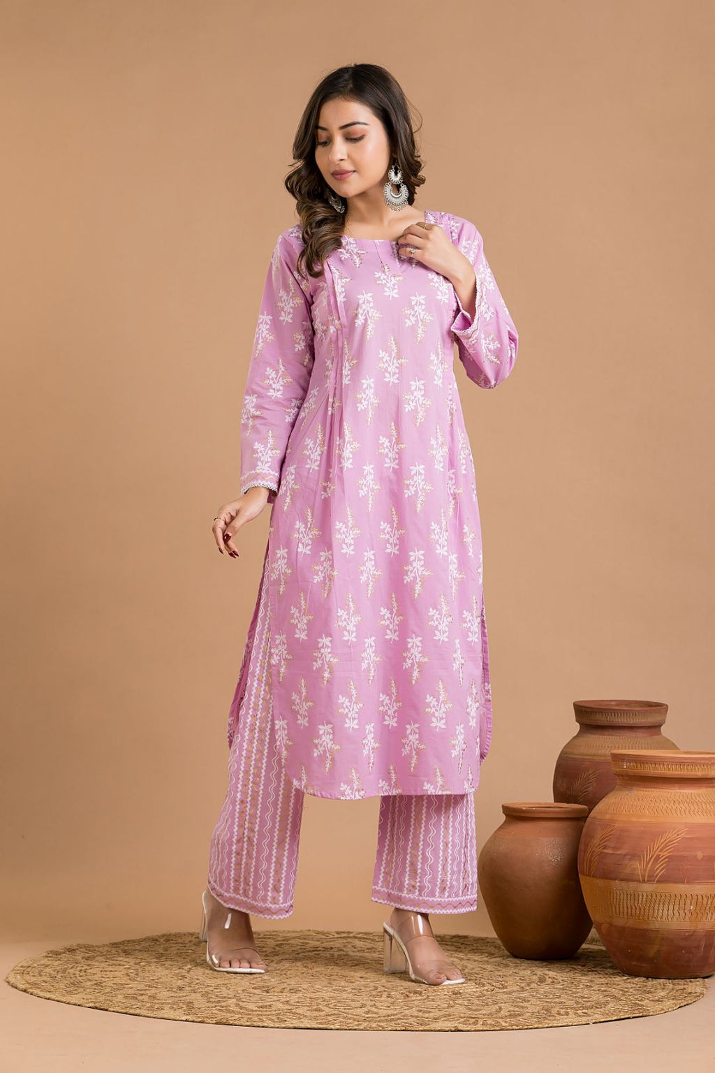 Lavender Rose Floral Print Kurta With Pant