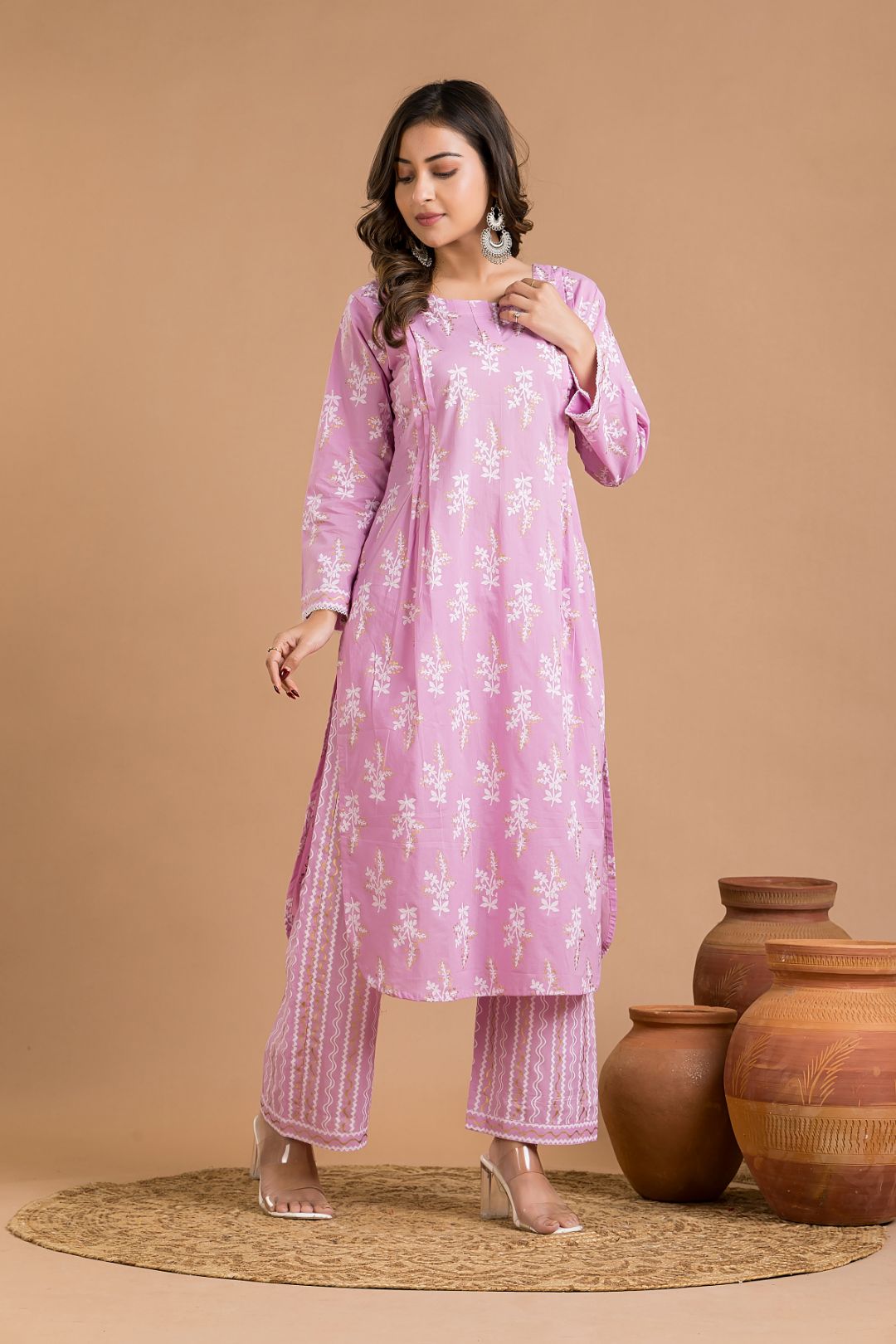 Lavender Rose Floral Print Kurta With Pant
