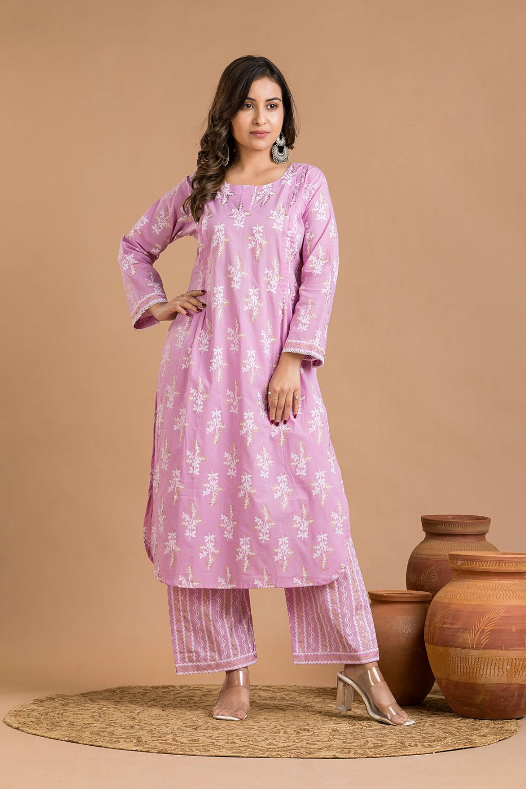 Lavender Rose Floral Print Kurta With Pant