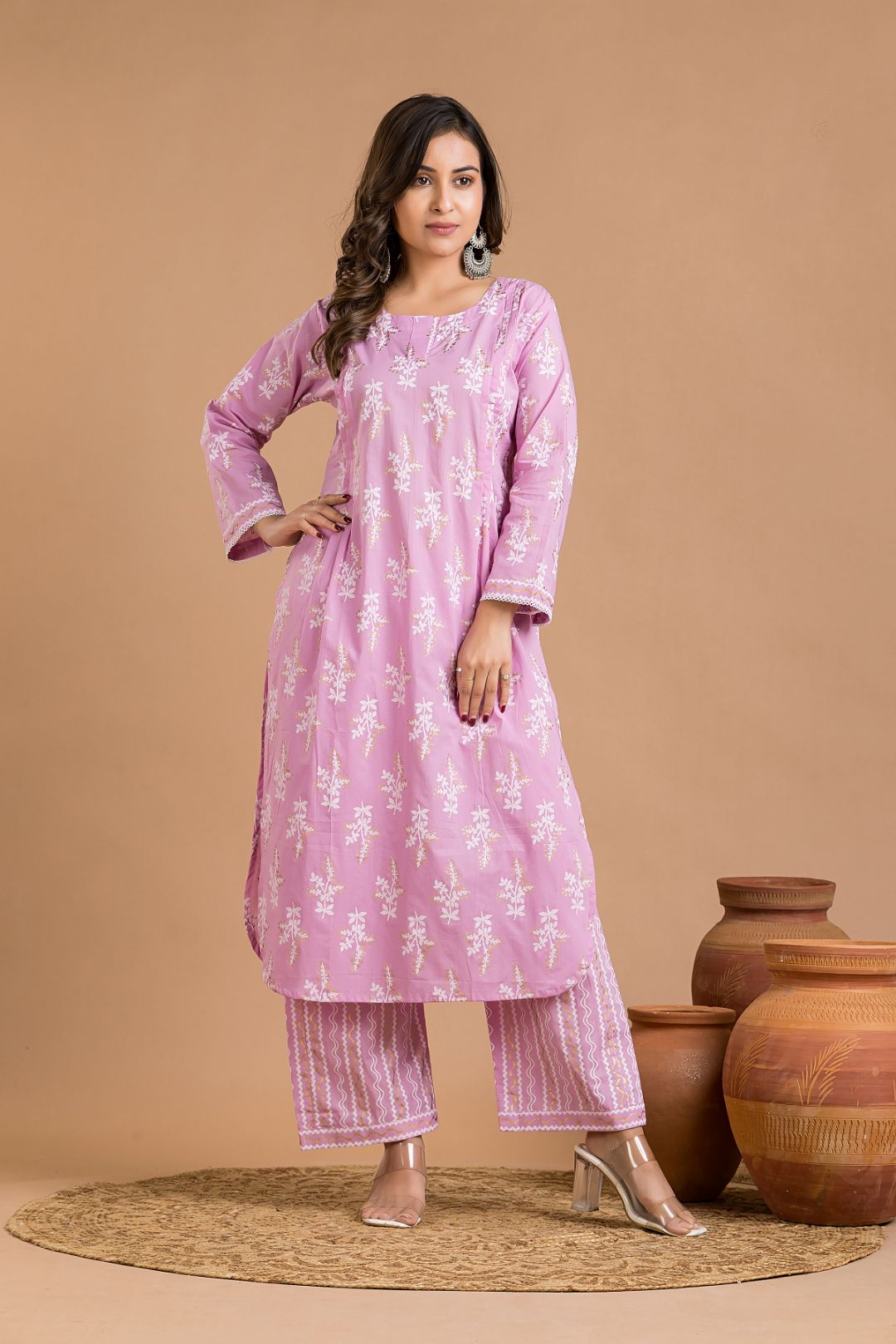 Lavender Rose Floral Print Kurta With Pant