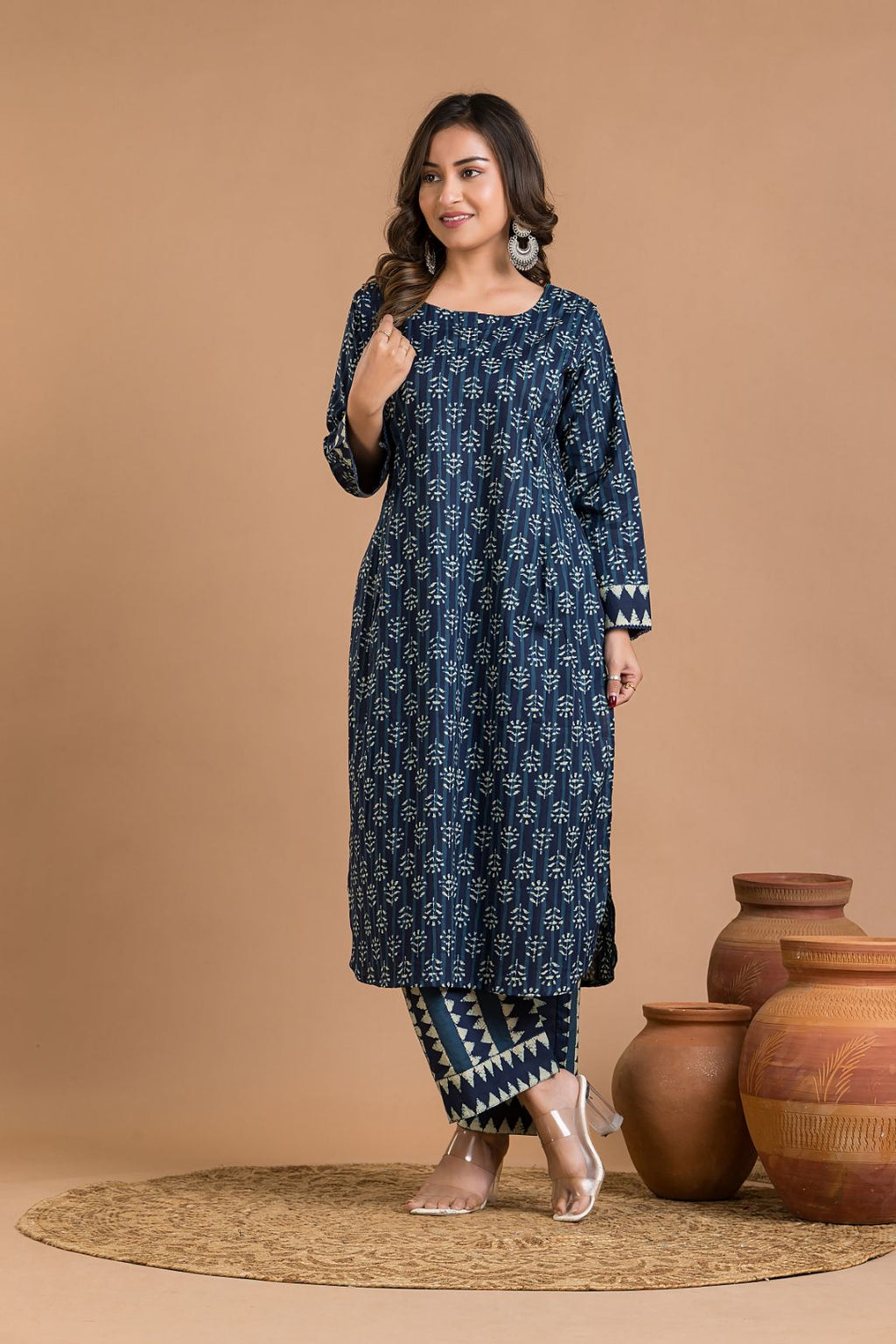 Navy Blue Floral Print Kurta With Pant
