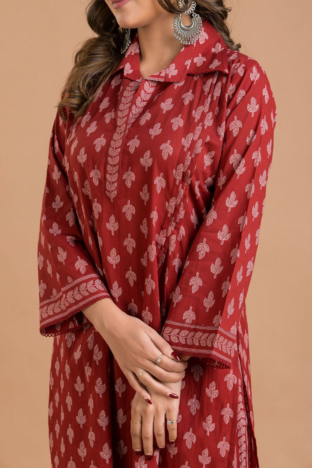 Cherry Red Leaf Print Kurta With Pant