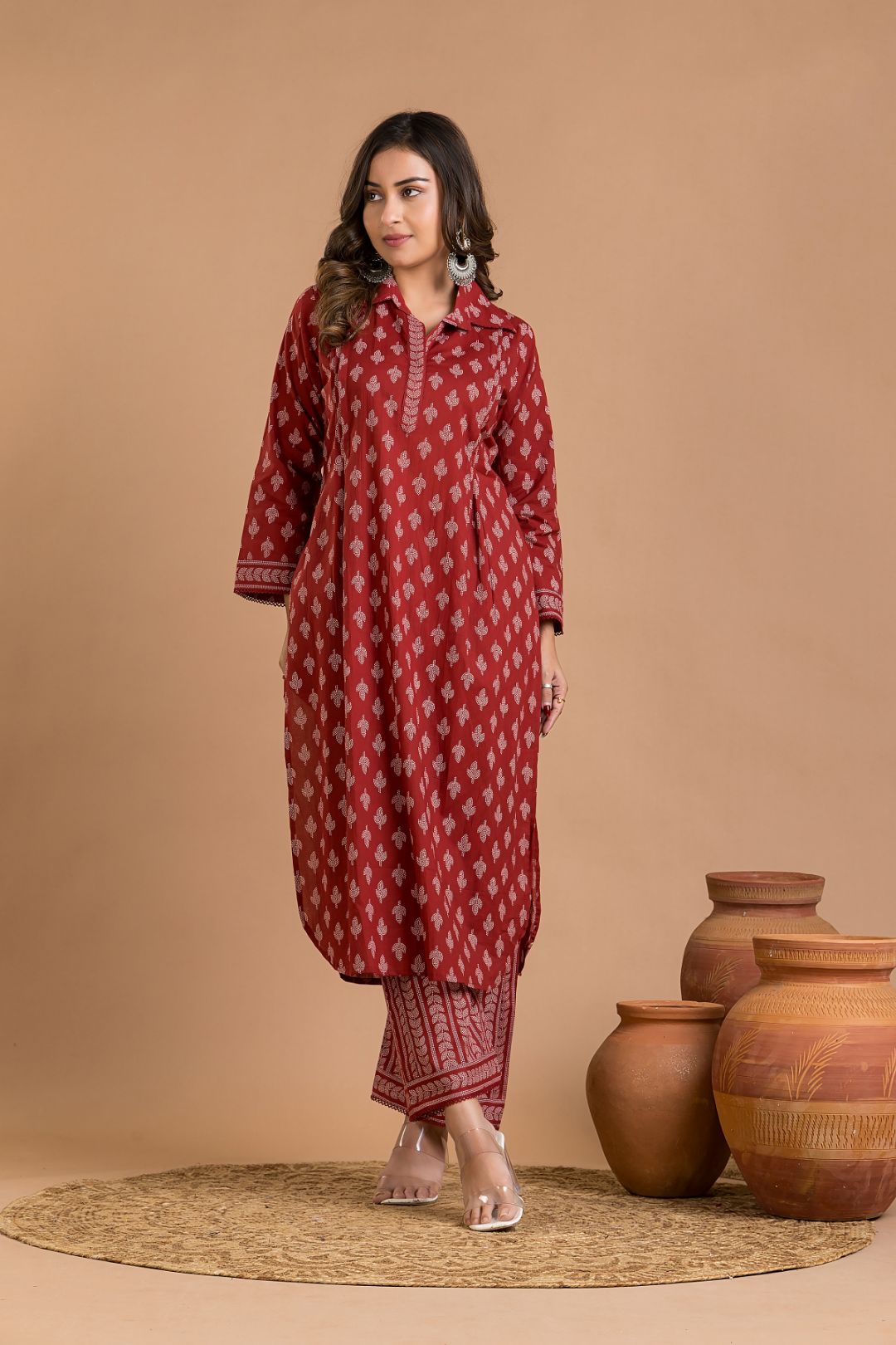 Cherry Red Leaf Print Kurta With Pant