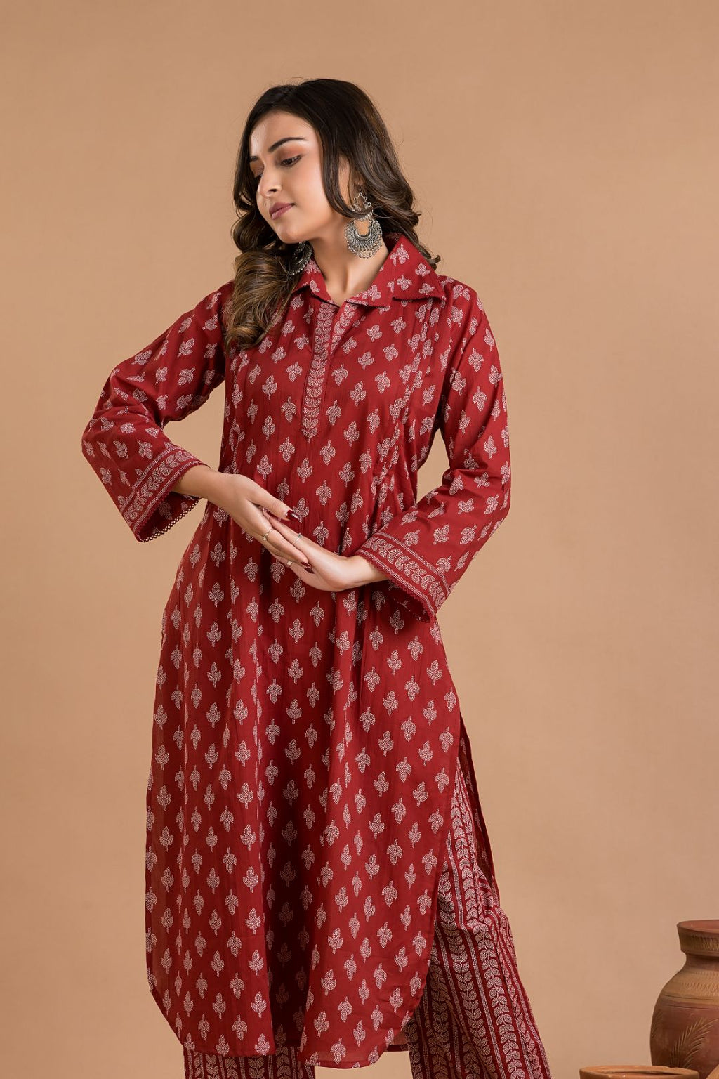 Cherry Red Leaf Print Kurta With Pant