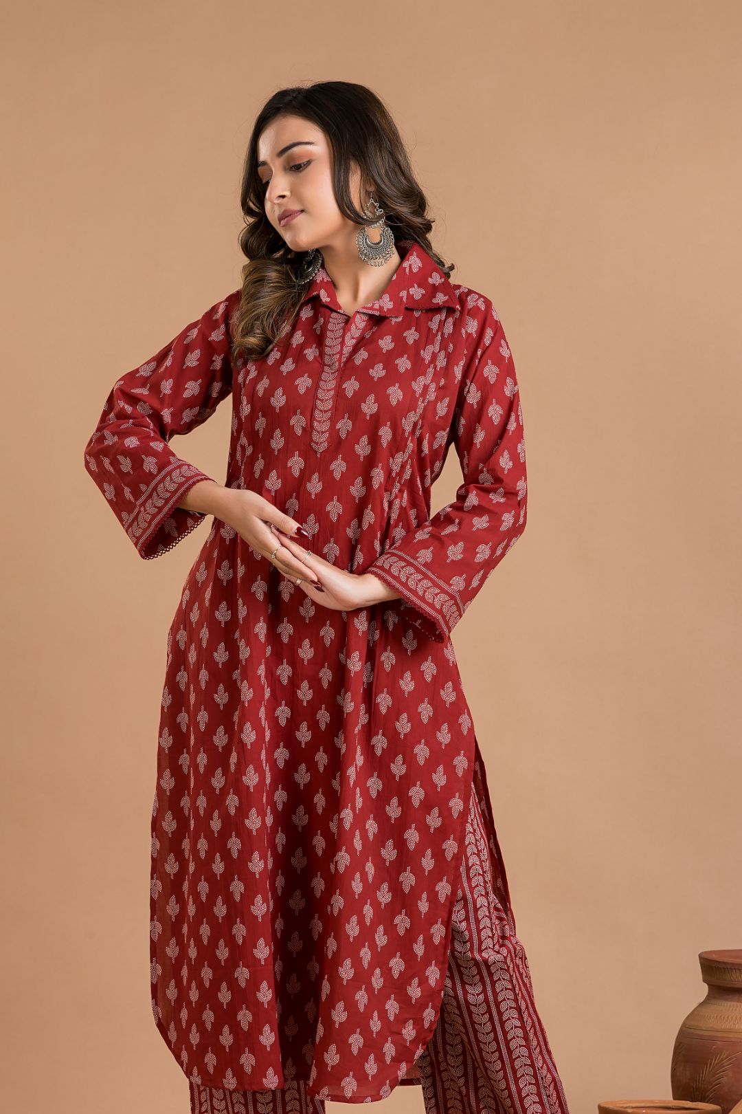 Cherry Red Leaf Print Kurta With Pant