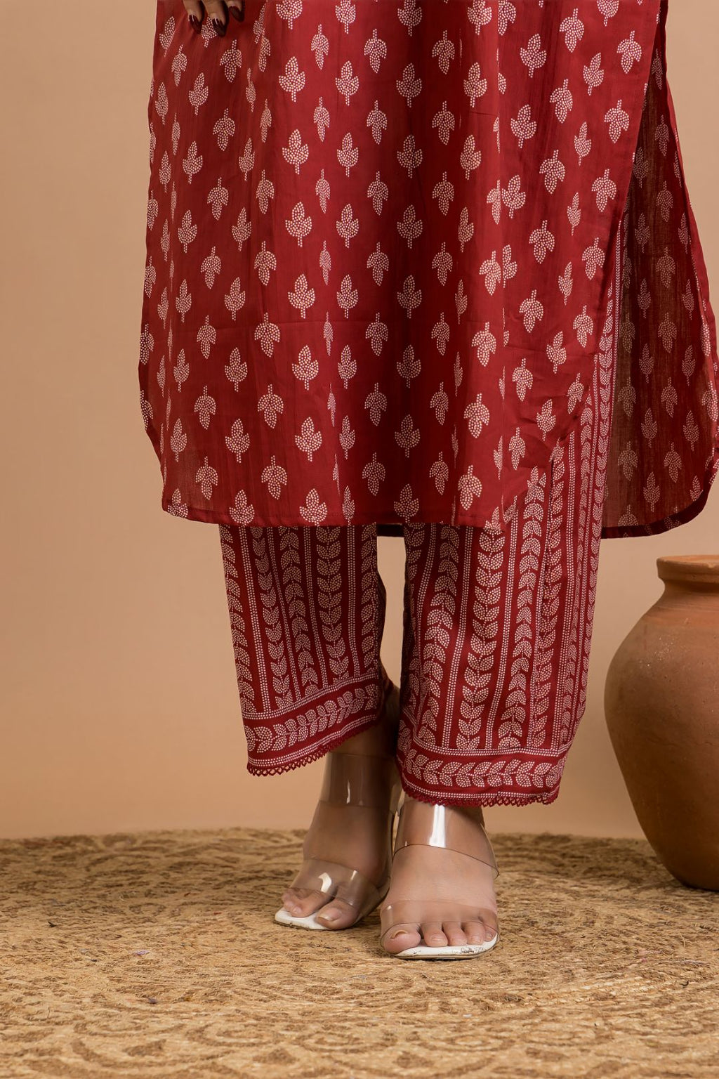 Cherry Red Leaf Print Kurta With Pant