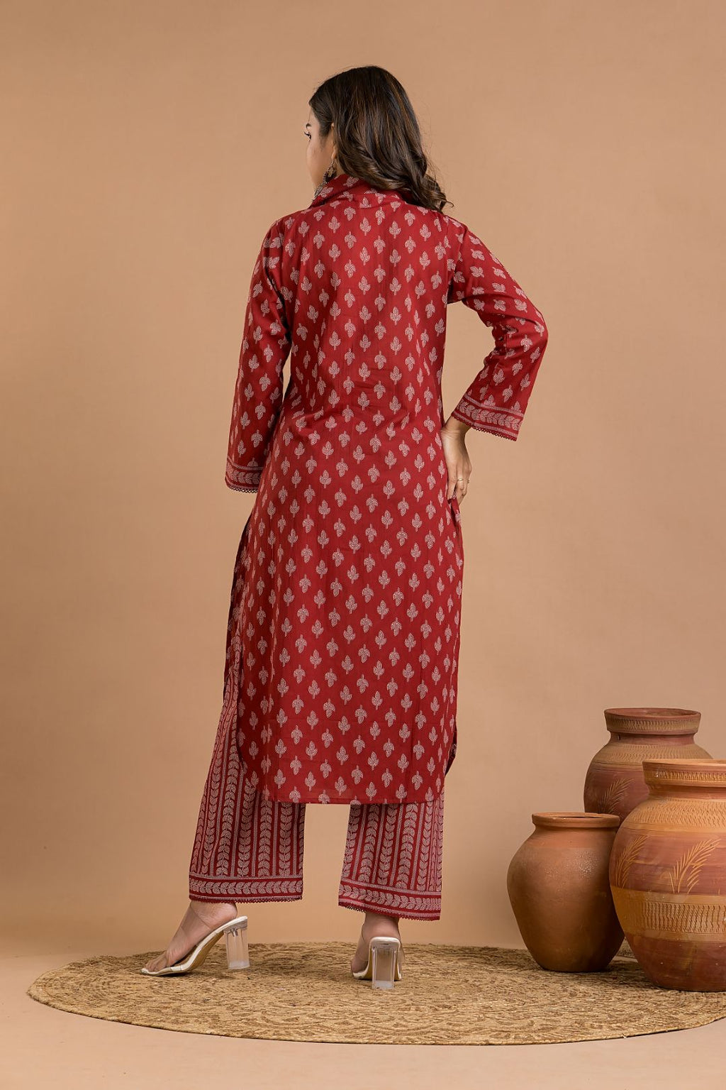 Cherry Red Leaf Print Kurta With Pant