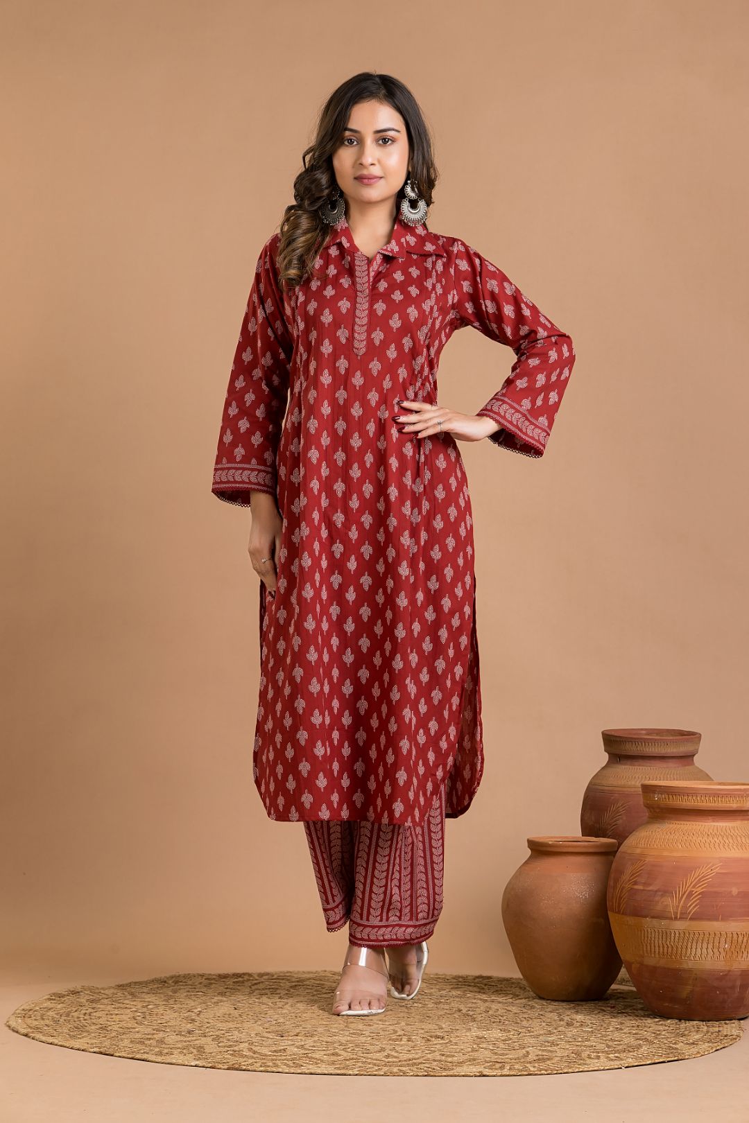Cherry Red Leaf Print Kurta With Pant