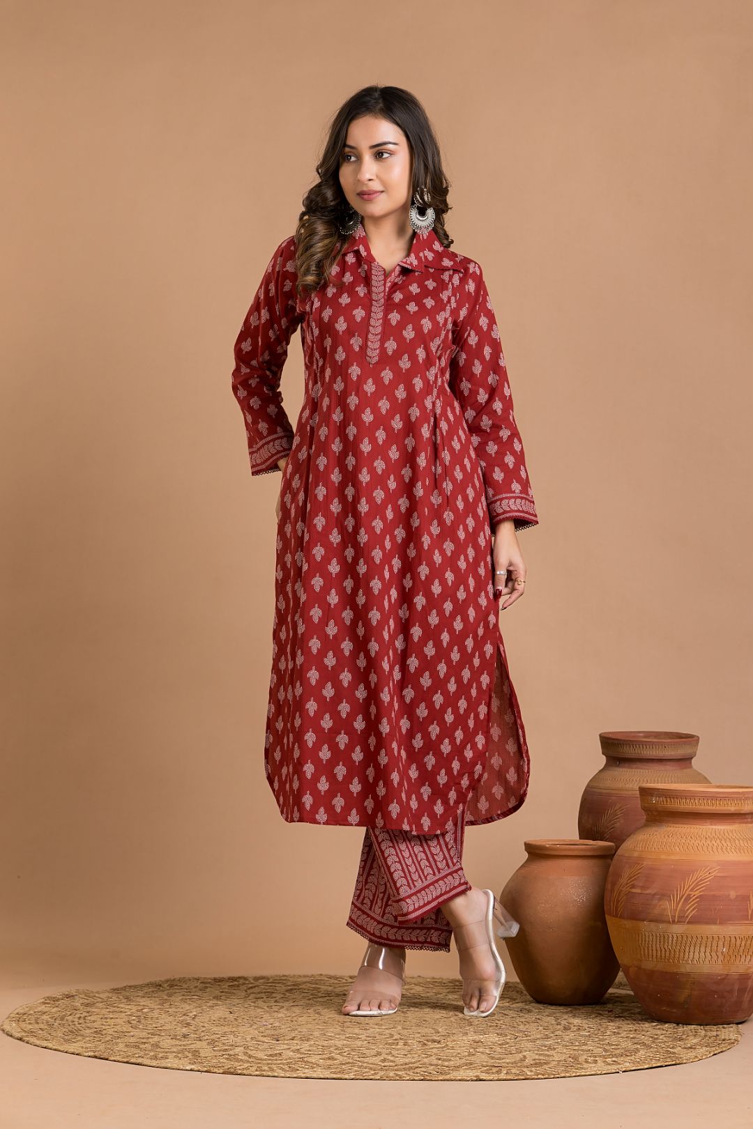 Cherry Red Leaf Print Kurta With Pant