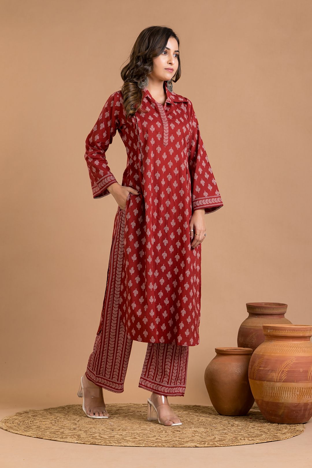 Cherry Red Leaf Print Kurta With Pant