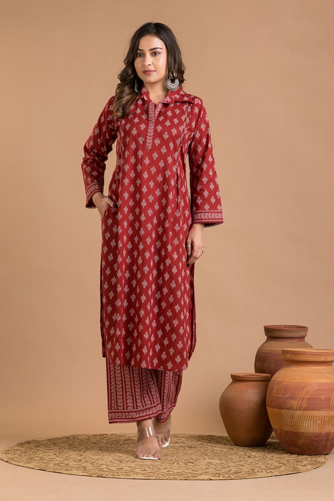 Cherry Red Leaf Print Kurta With Pant