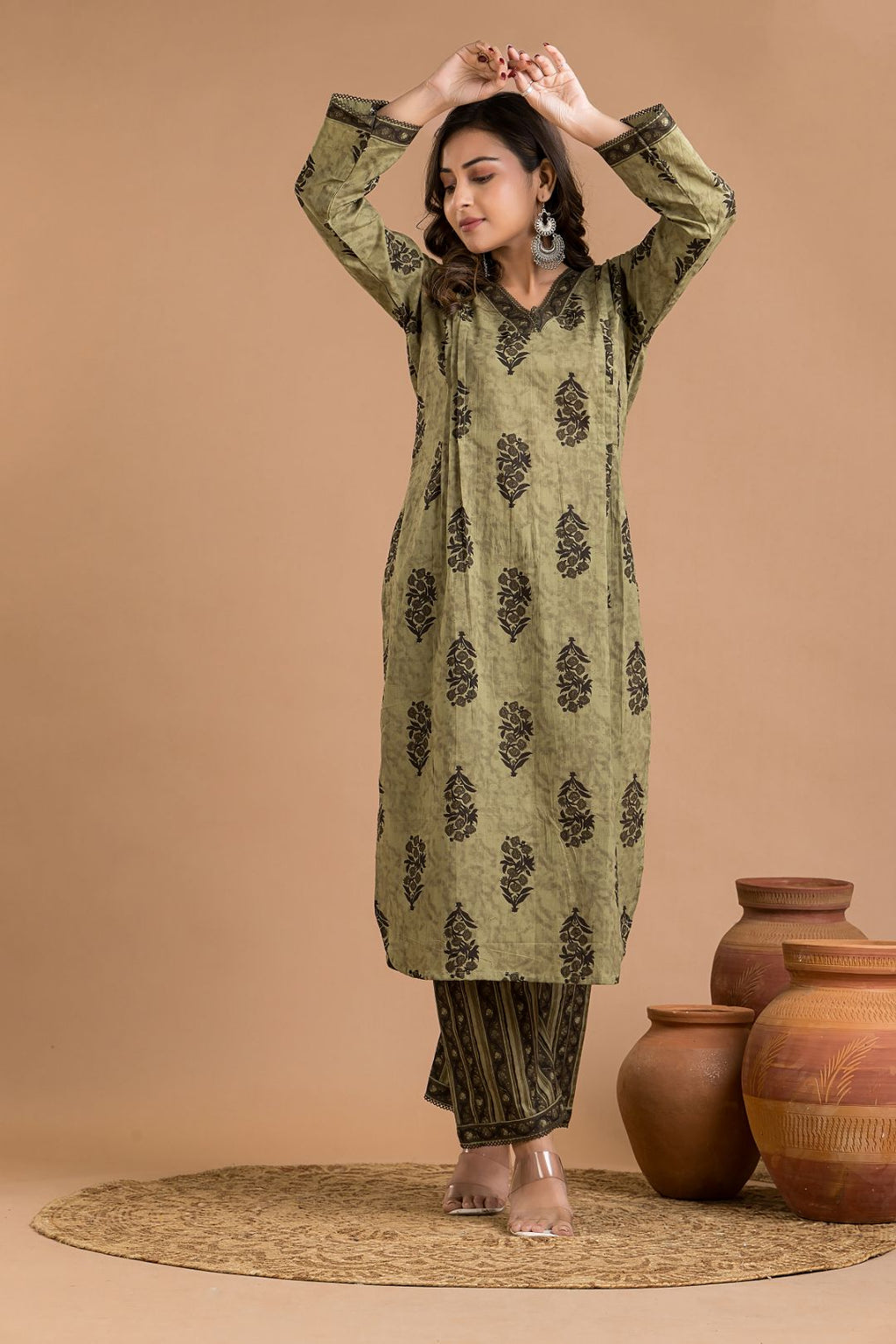 Olive Green Floral Print Kurta With Pant